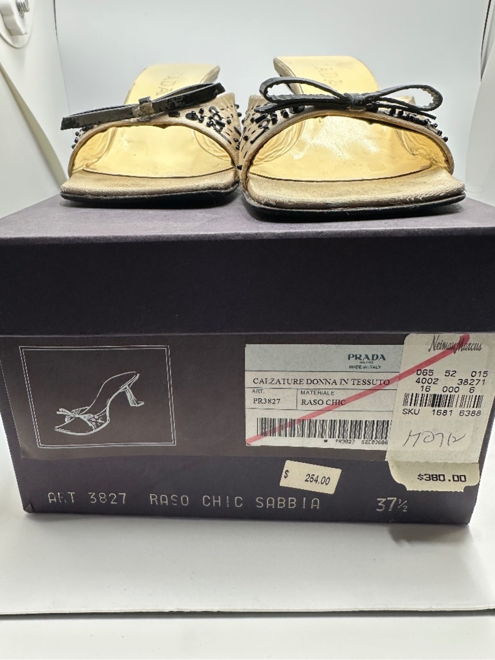 Prada Vintage Beaded Satin Mule Heels Bow Sabbia EU 37.5 US 7.5